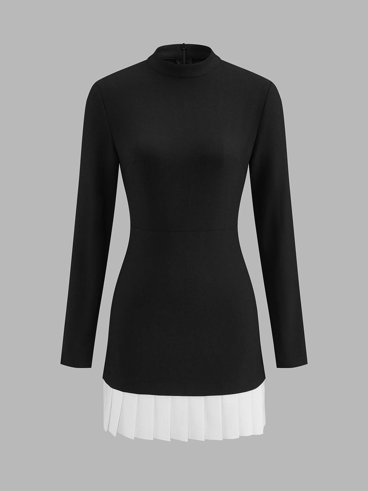 Contrast Pleated Hem Long‑Sleeve Fitted Dress