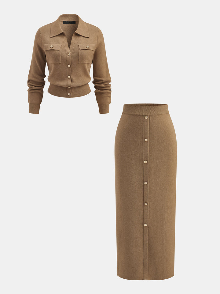 Metal Button Knit Top Pencil Midi Skirt Co‑ord - women's two-piece skirt set in wool-blend knit, front view of the full set