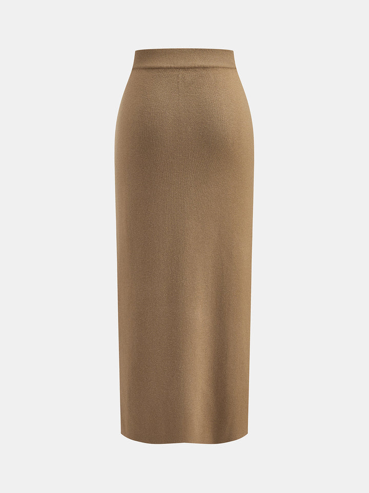Metal Button Knit Top Pencil Midi Skirt Co-ord - women's two-piece skirt set, full-length styled look