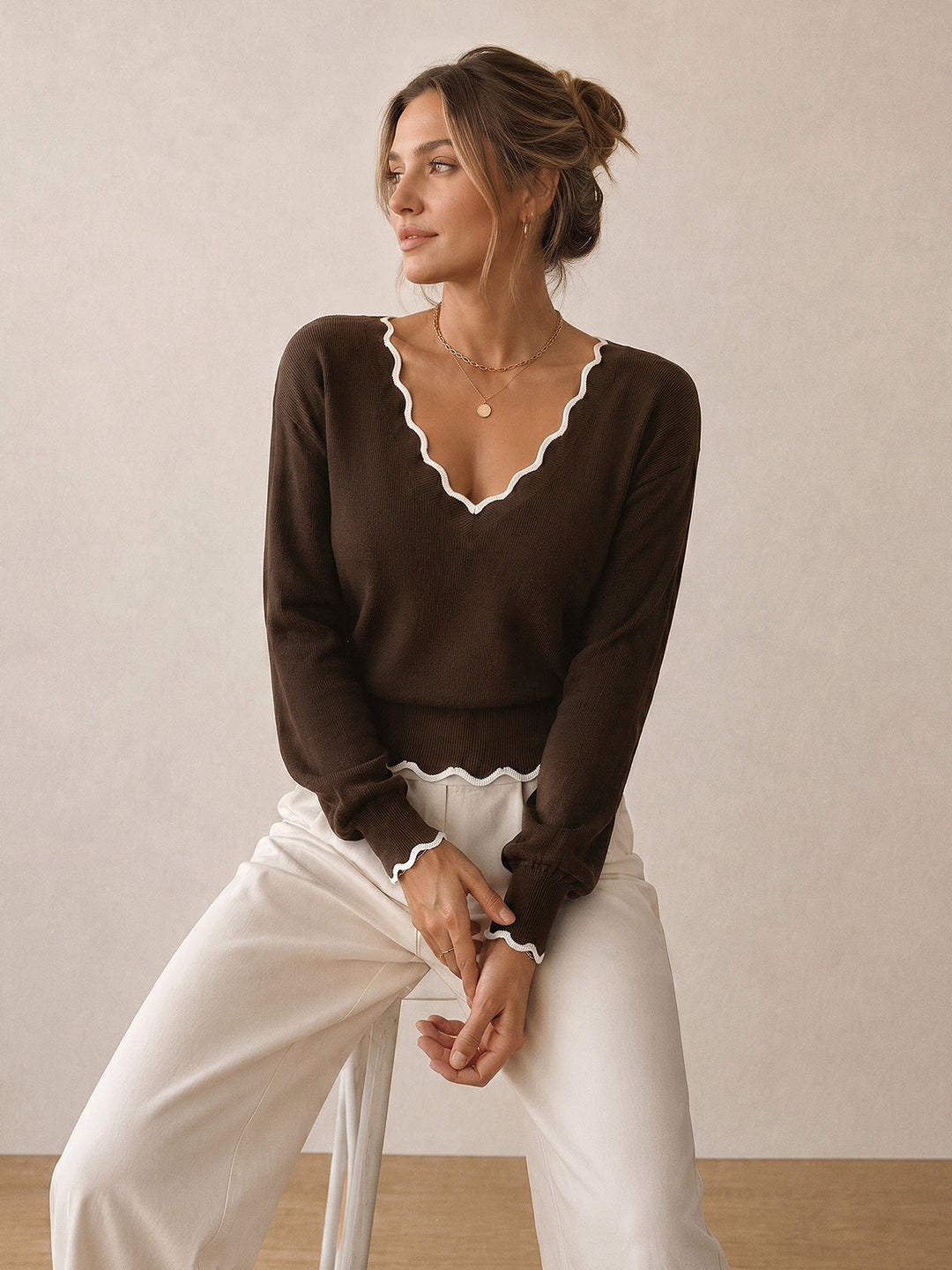 Contrast Scallop Trim Wool Blend Knit Sweater — women's knit tops, front view