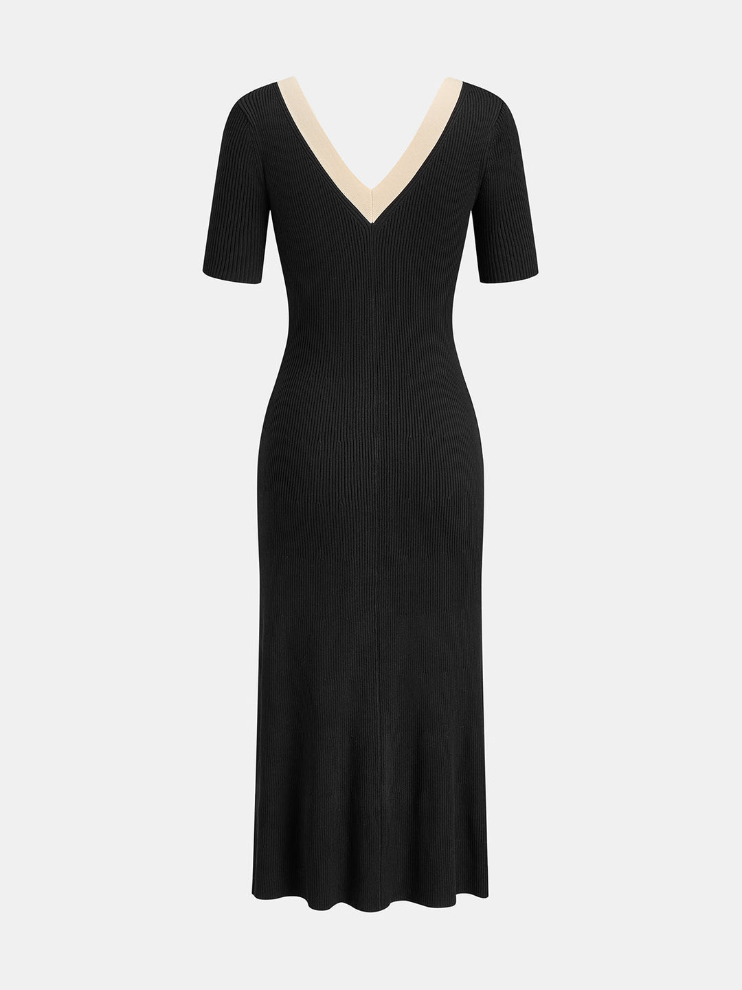 Two Tone V-Neck Knit Slit Midi Dress - women's knit dress, detail close-up