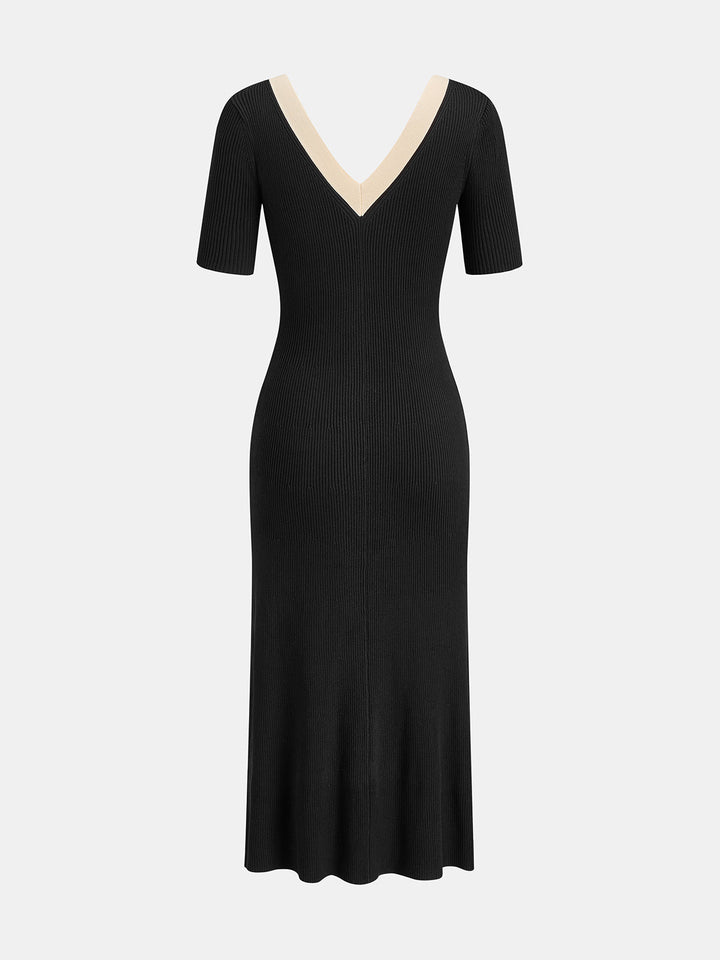 Two Tone V-Neck Knit Slit Midi Dress - women's knit dress, detail close-up