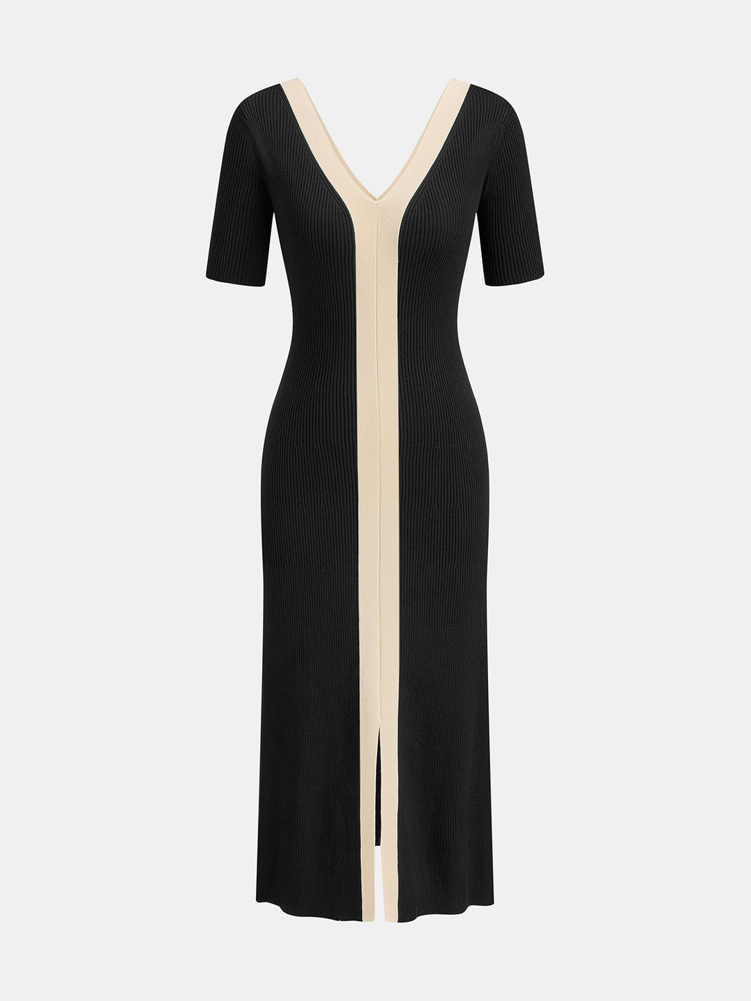 Two Tone V-Neck Knit Slit Midi Dress - women's knit dress, side view