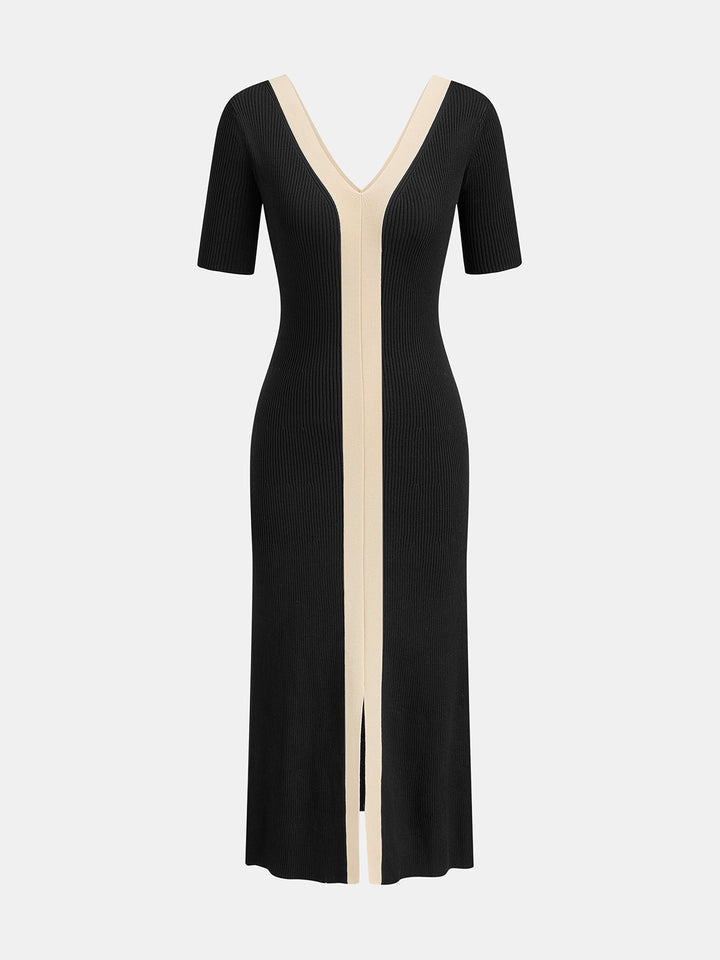 Two Tone V-Neck Knit Slit Midi Dress - women's knit dress, side view