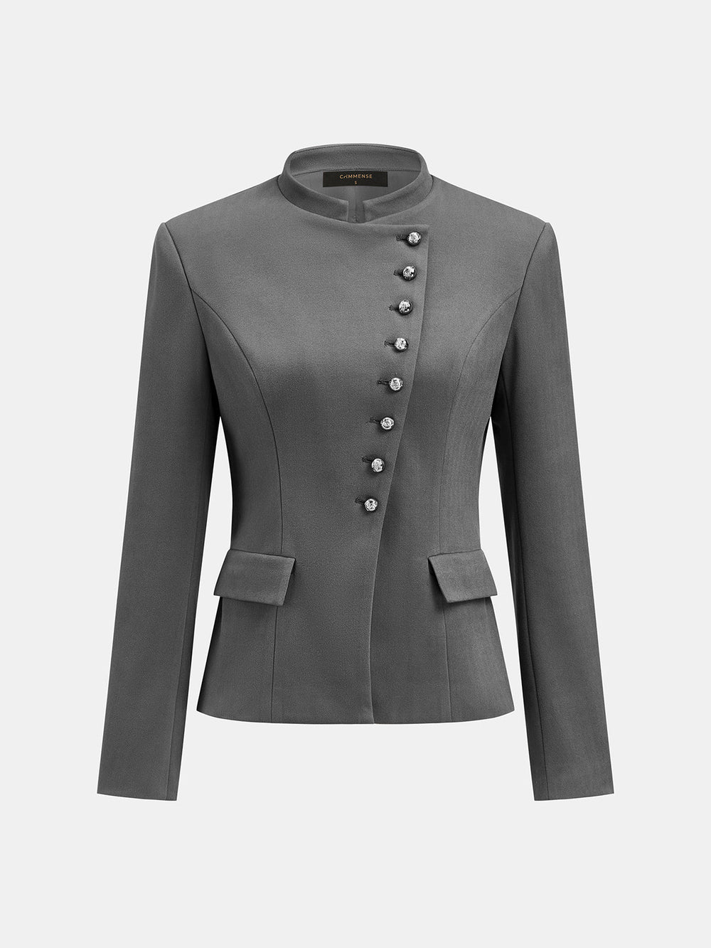 Stand Collar Asymmetric Button Tailored Jacket — women's blazers, back view