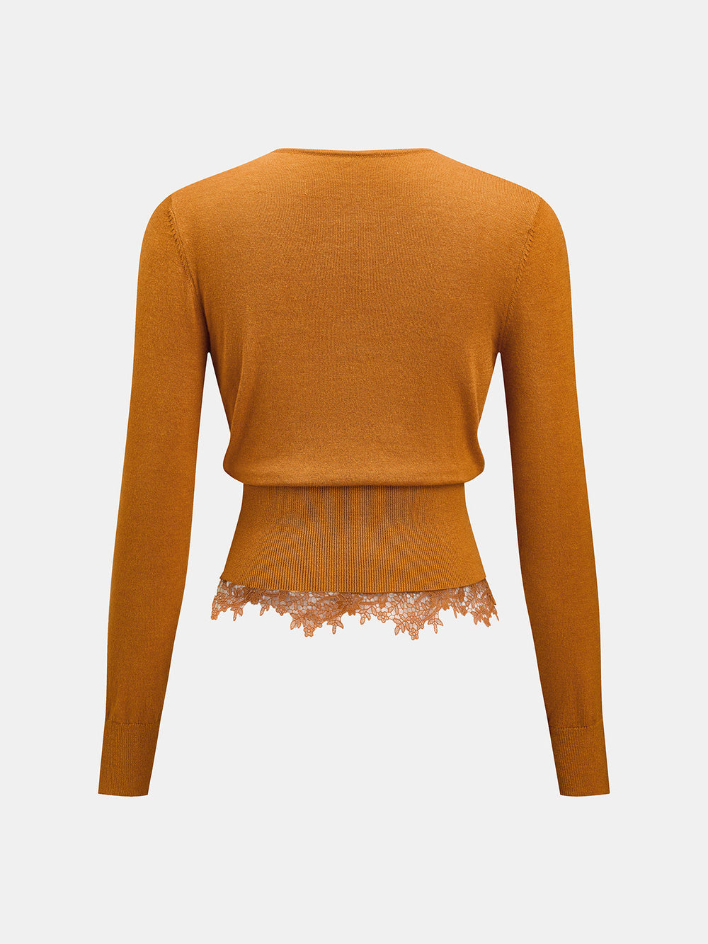 V‑Neck Lace Hem Long Sleeve Knit Top — women's knit tops, back view