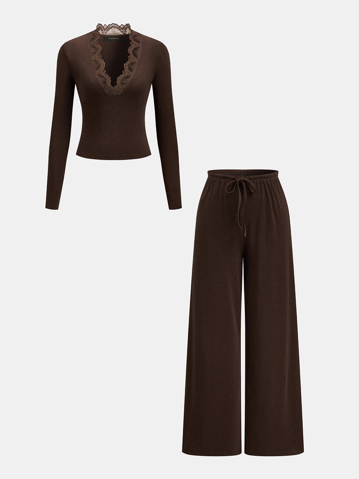Lace Trim V-Neck Top & Drawstring Pants Set - women's two-piece trouser set, back view