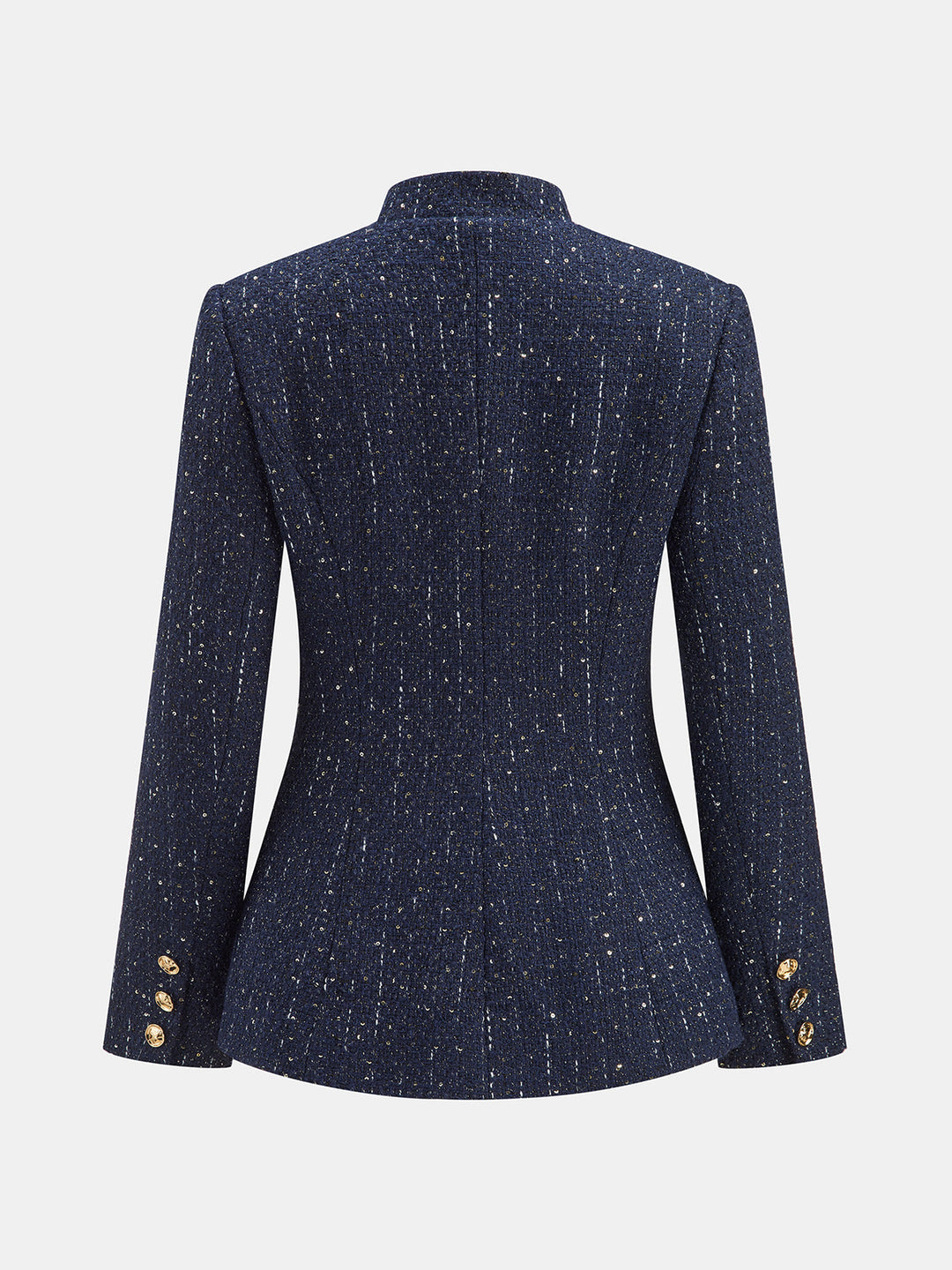 Metal Button Stand‑Collar Tweed Blazer