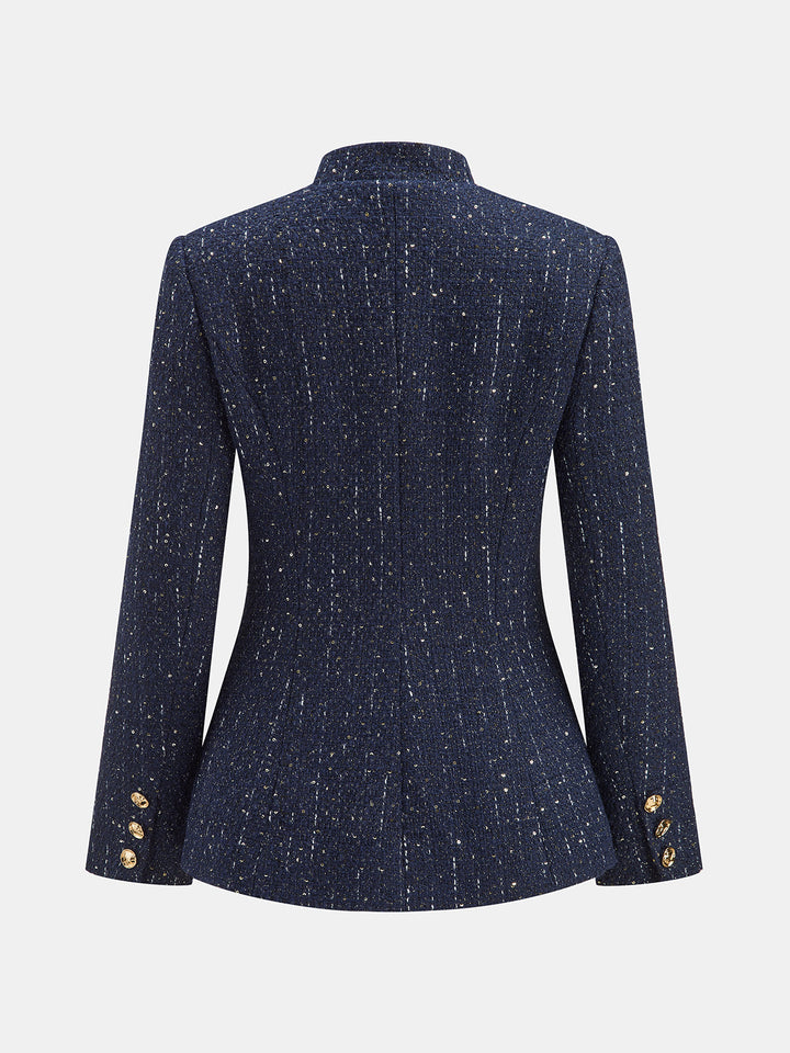Metal Button Stand‑Collar Tweed Blazer