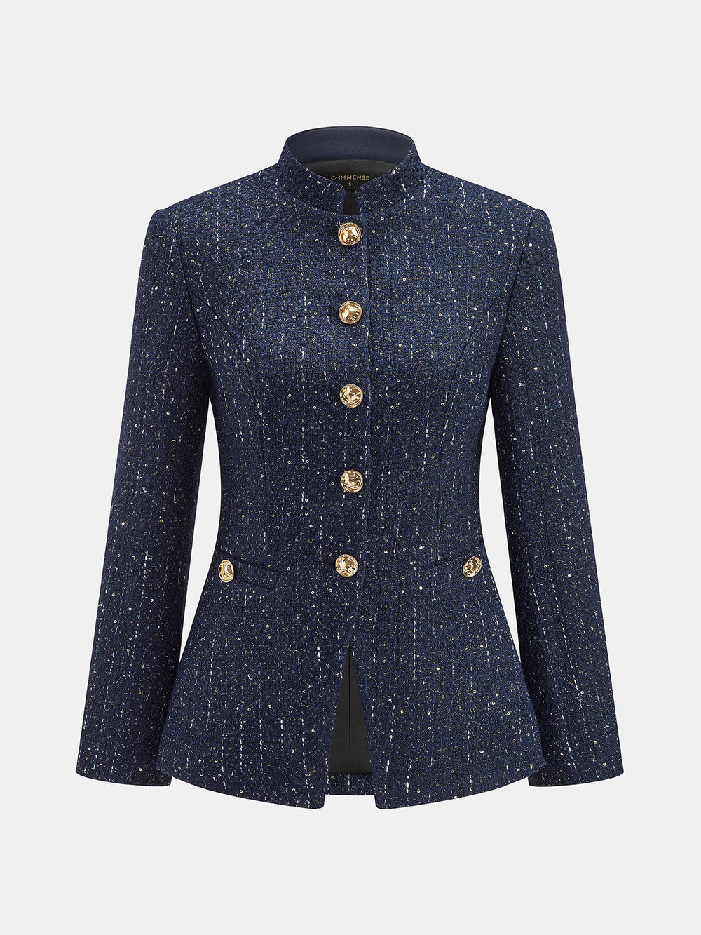 Metal Button Stand‑Collar Tweed Blazer — women's blazers, back view