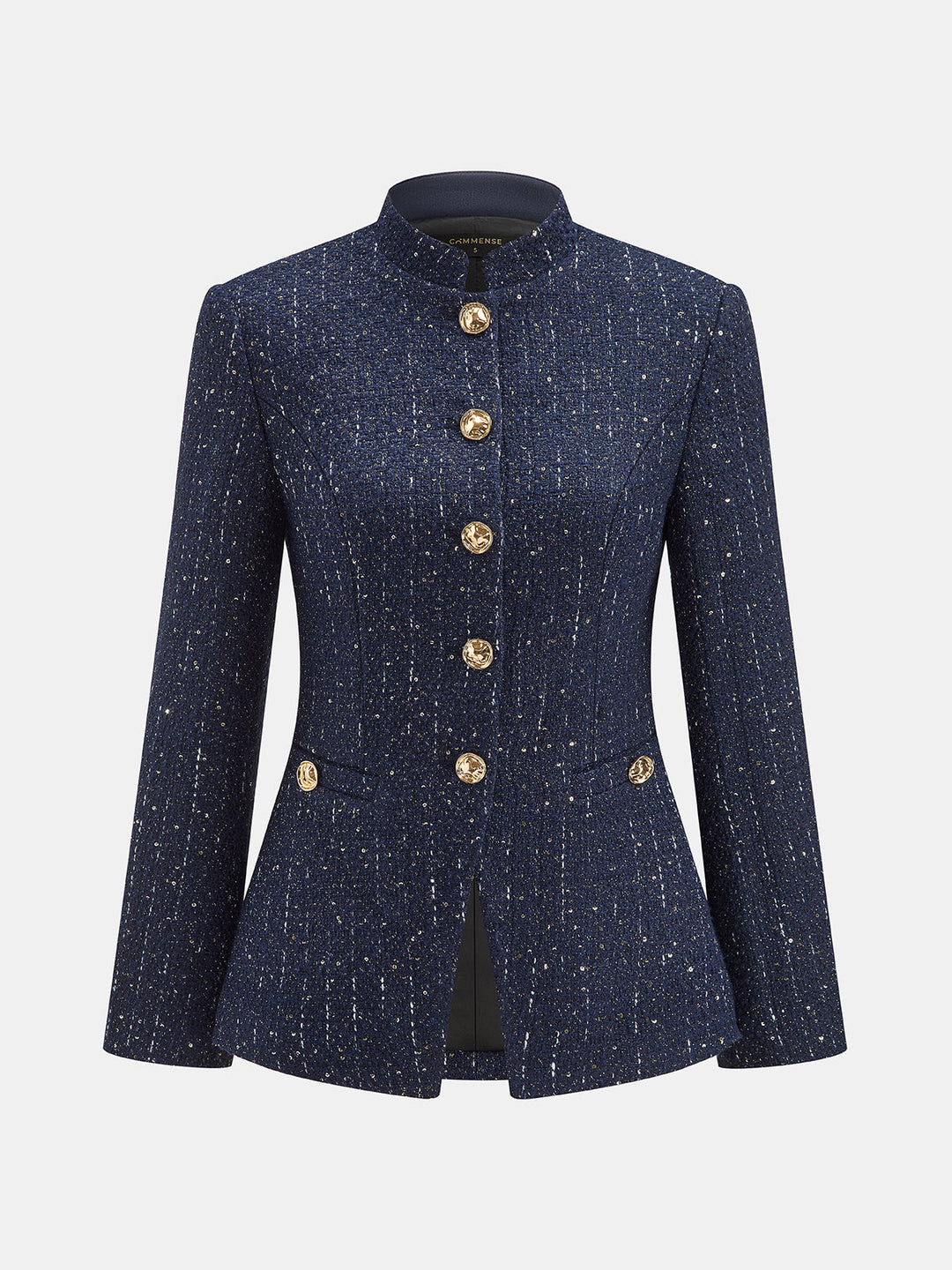 Metal Button Stand‑Collar Tweed Blazer