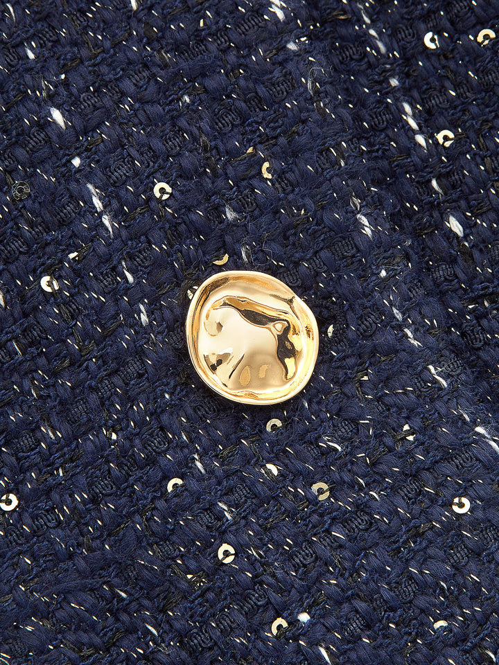Metal Button Stand‑Collar Tweed Blazer
