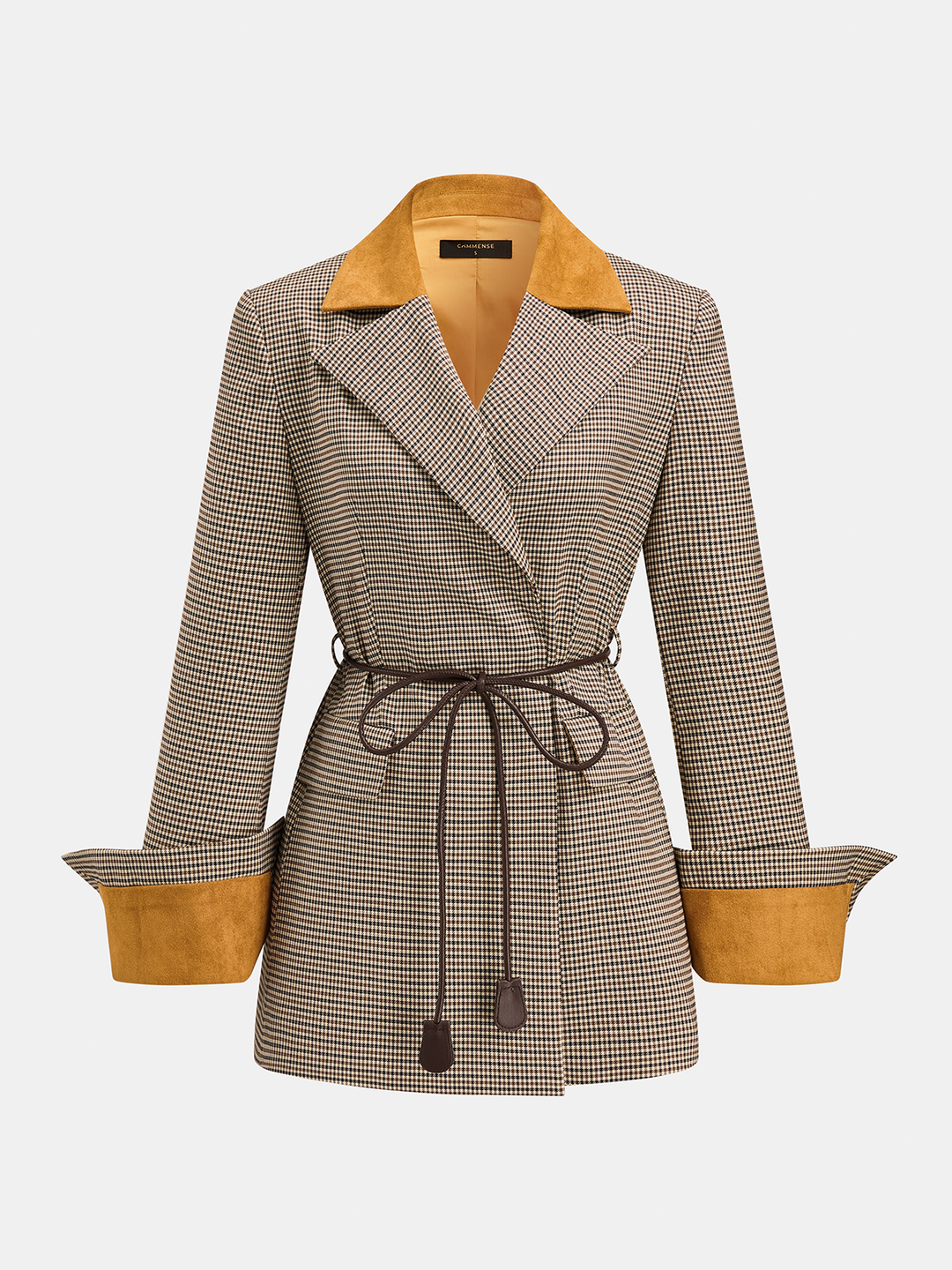 Faux Suede Collar Houndstooth Belted Blazer — women's blazers, front view
