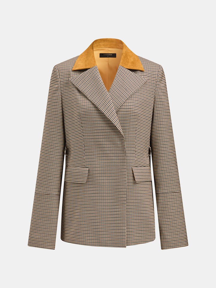 Faux Suede Collar Houndstooth Belted Blazer