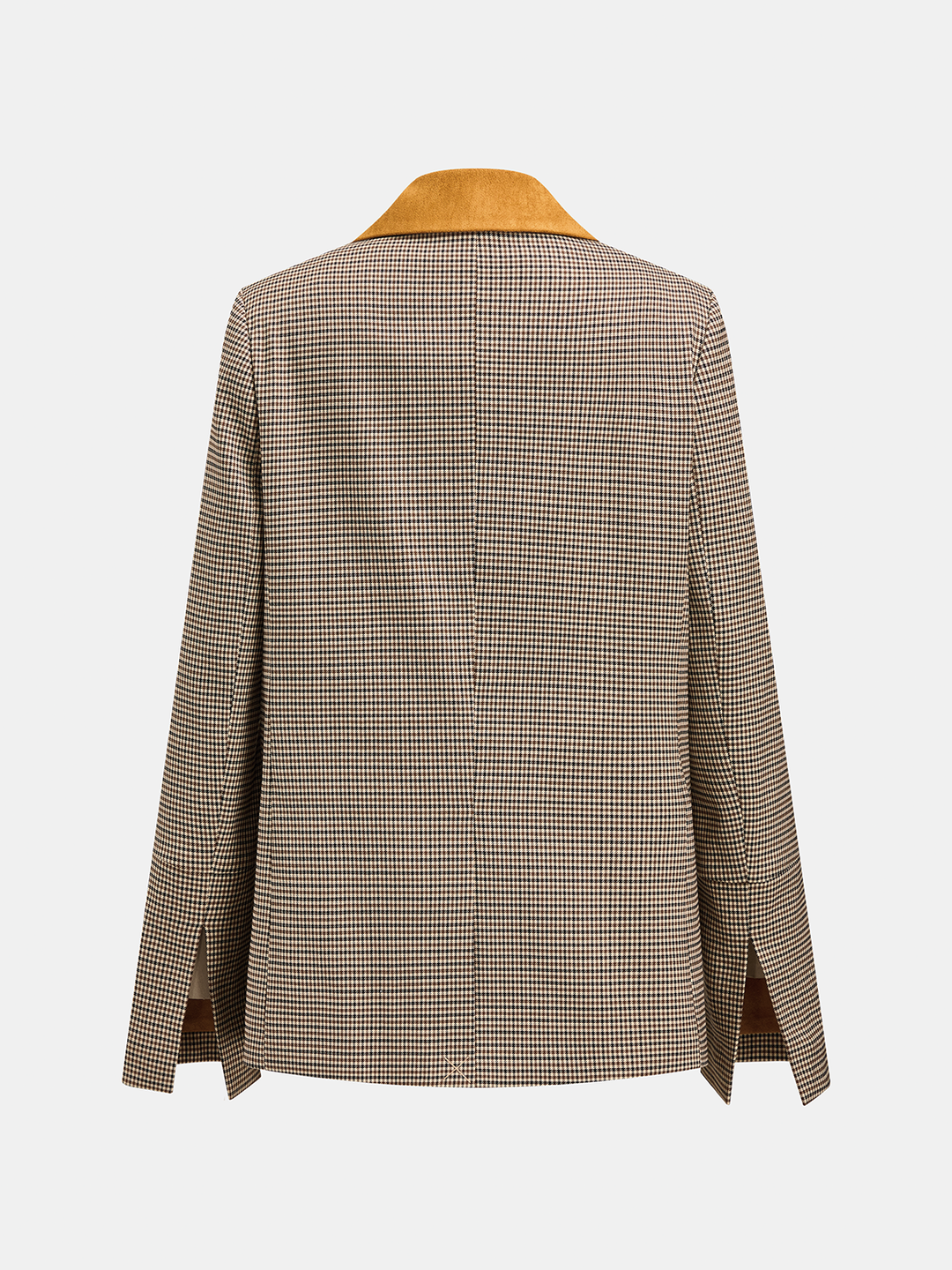Faux Suede Collar Houndstooth Belted Blazer