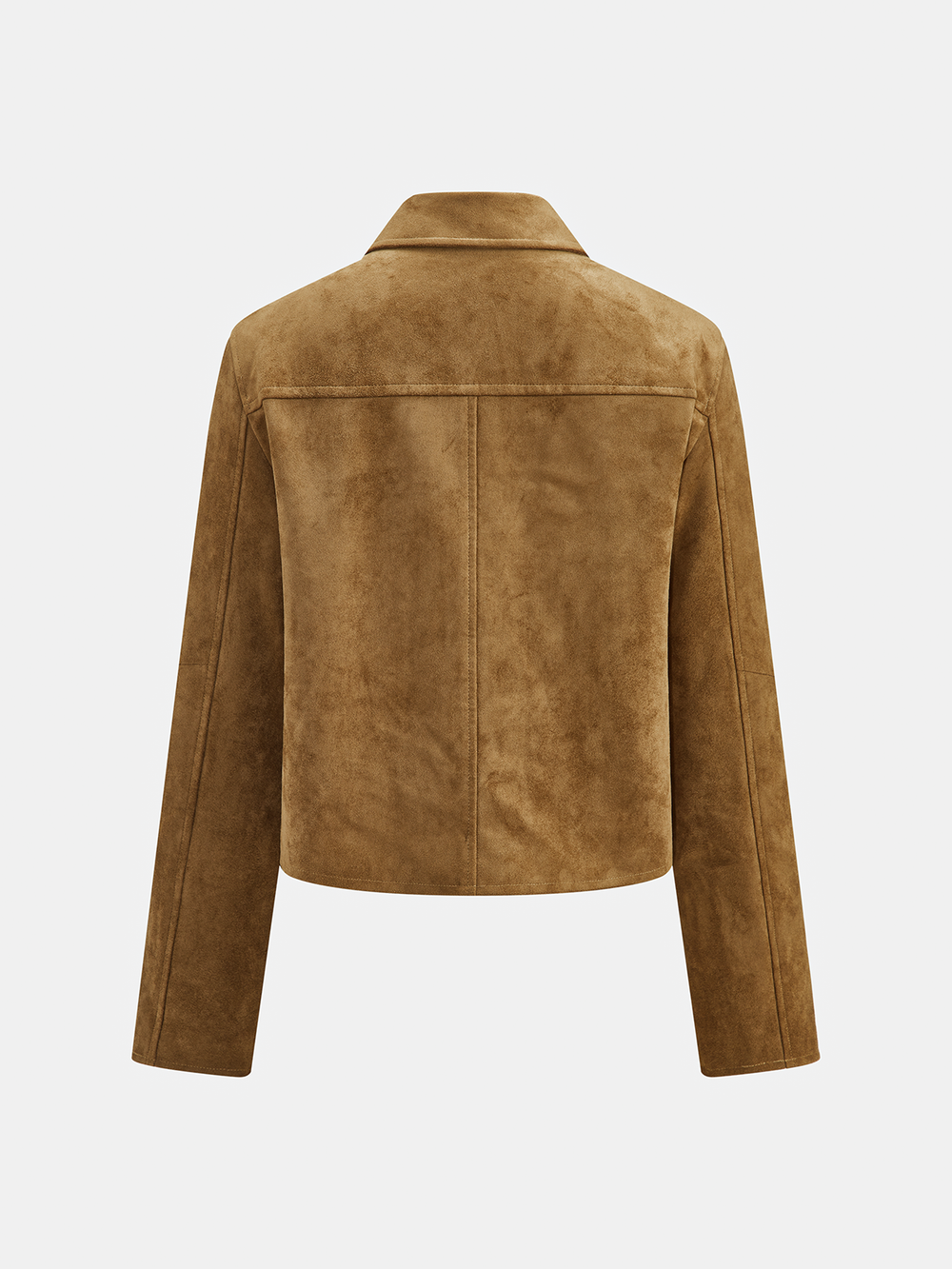 Back view of the tan suede effect button front jacket with boxy cropped silhouette