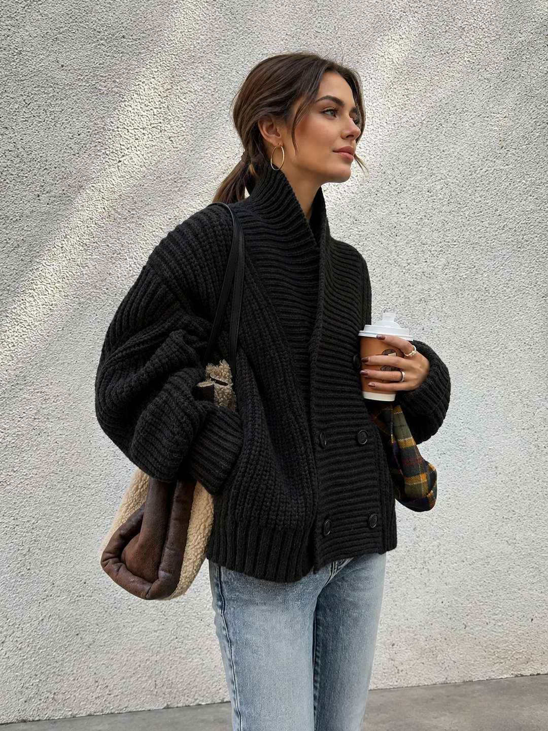 Ribbed Lapel Button Knit Outerwear — women's knit outerwear, front view