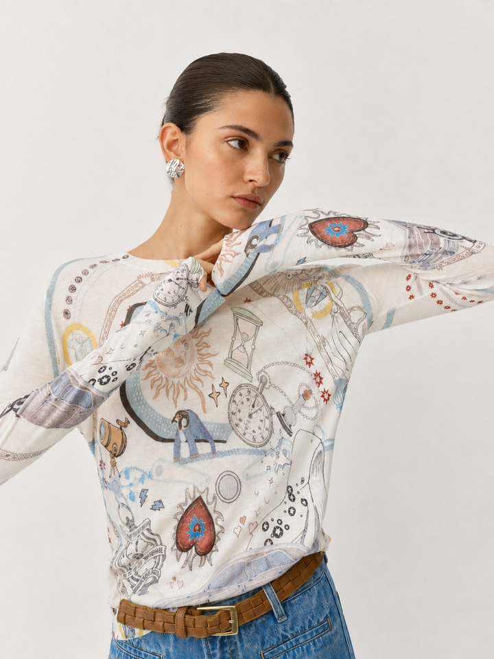 Wool Blend Celestial Print Knit Top - women's knit top, back view