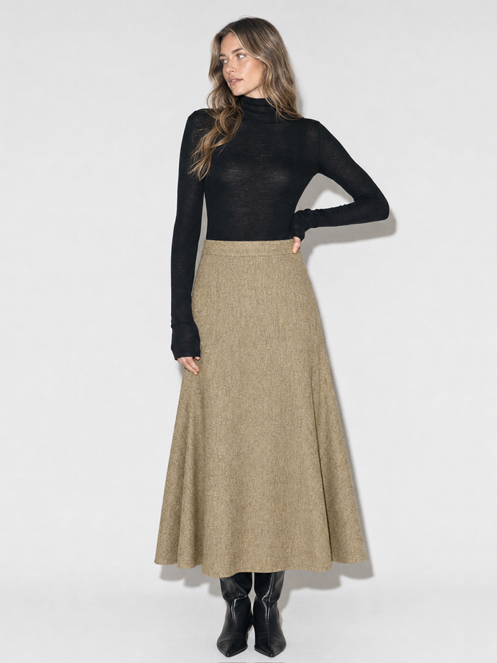 Tweed Mid Waist Flared Midi Skirt — women's skirts, back view