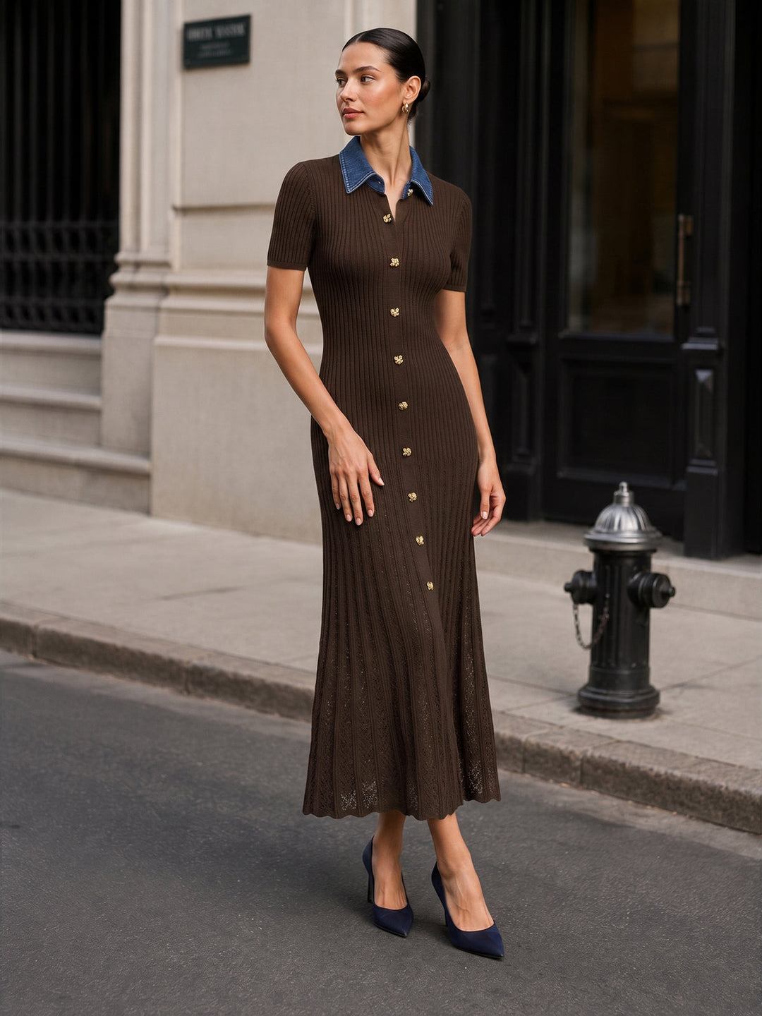 Denim Collar Ribbed Knit Maxi Dress - women's denim dress, neckline detail