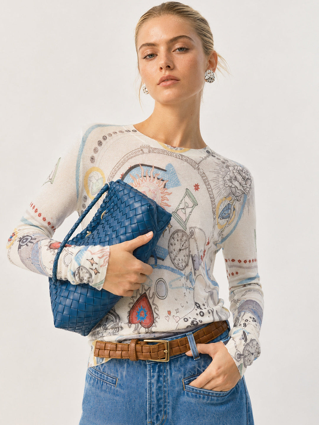 Wool Blend Celestial Print Knit Top — women's sweaters, front view