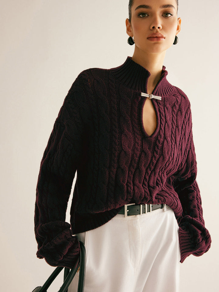 Cotton Keyhole Neckline Knit Top - women's knit top, model wearing it, three-quarter view