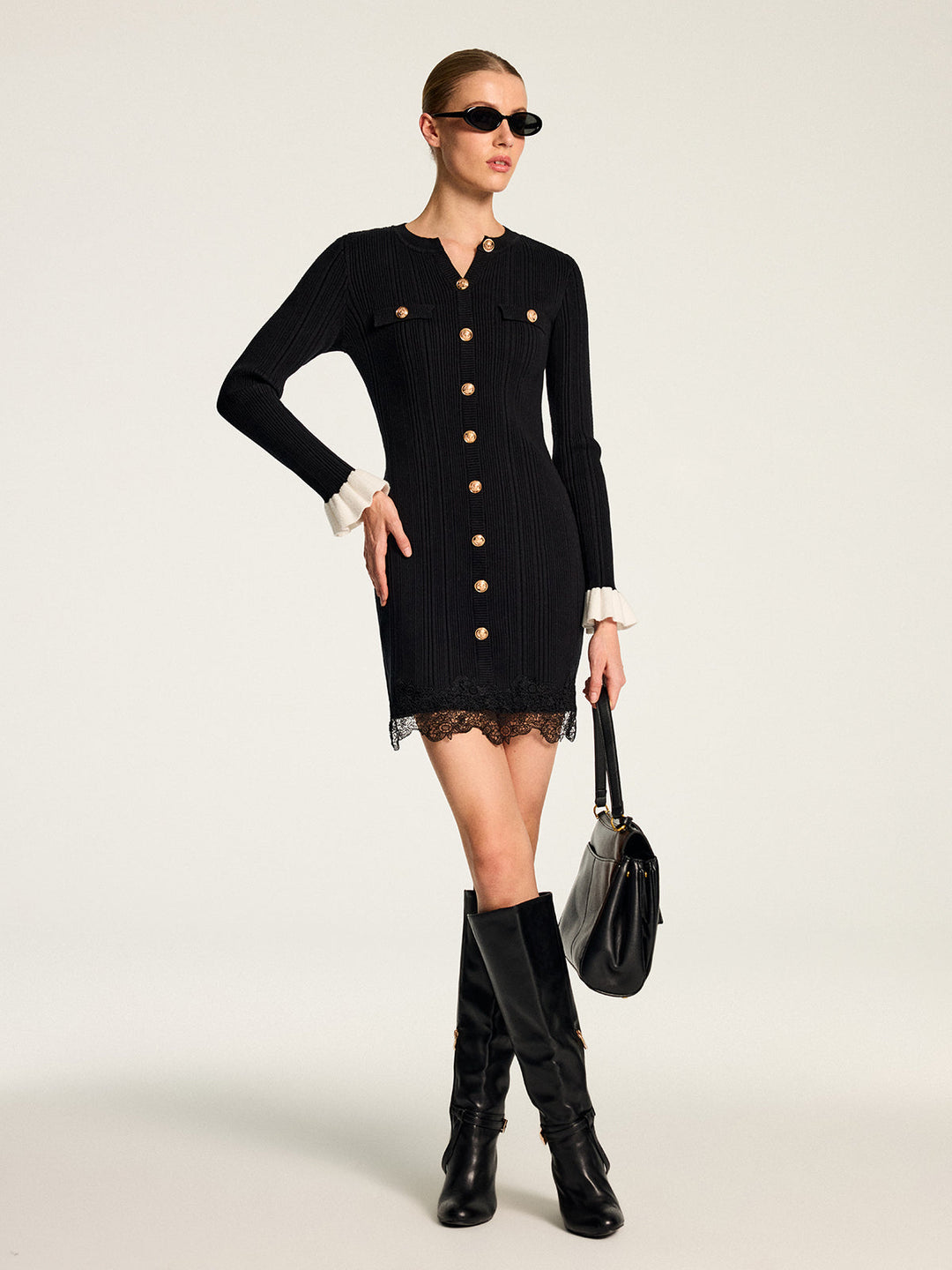 Contrast Cuff Lace Hem Rib Knit Mini Dress