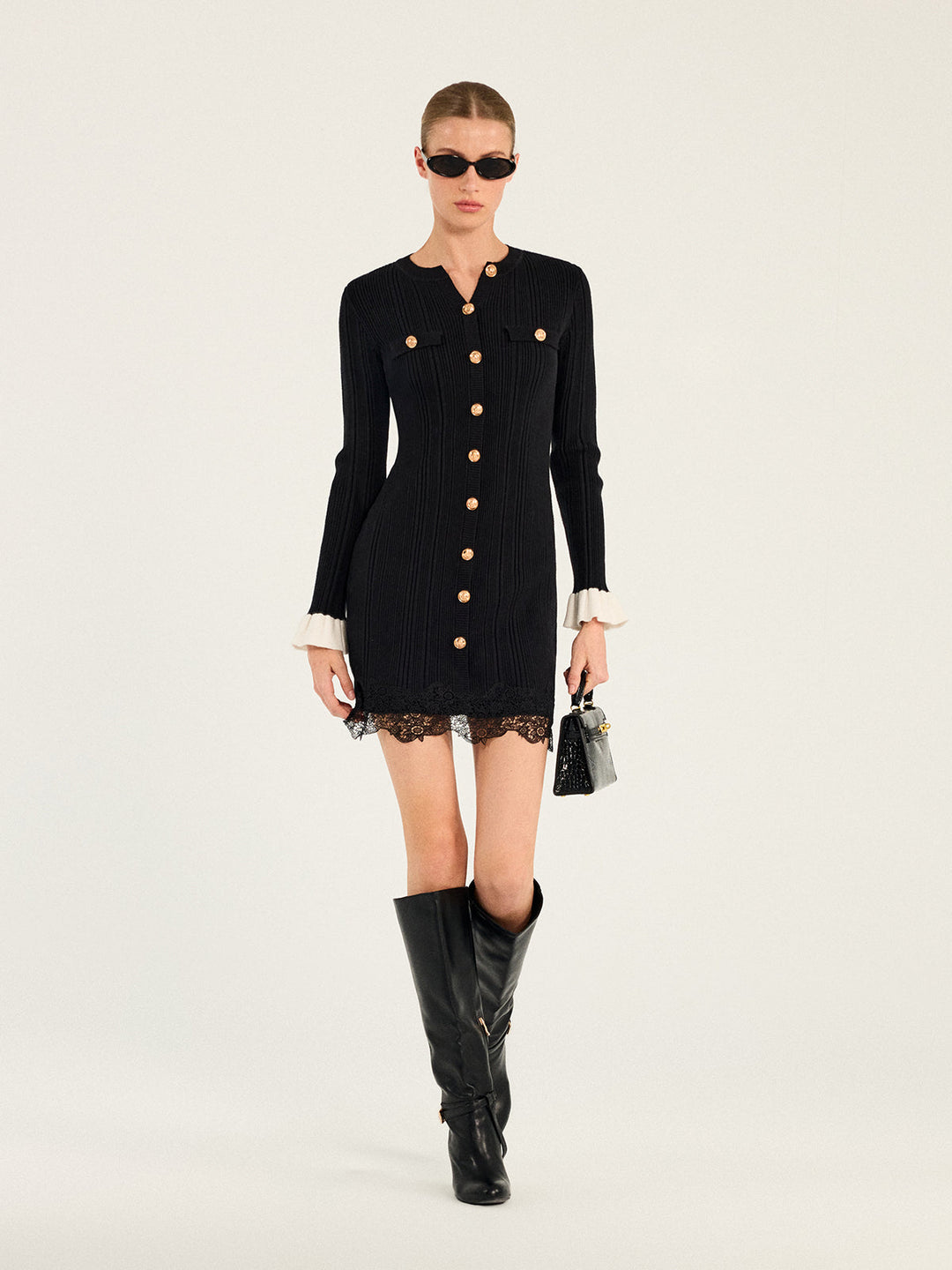 Contrast Cuff Lace Hem Rib Knit Mini Dress — women's sweater dresses, front view