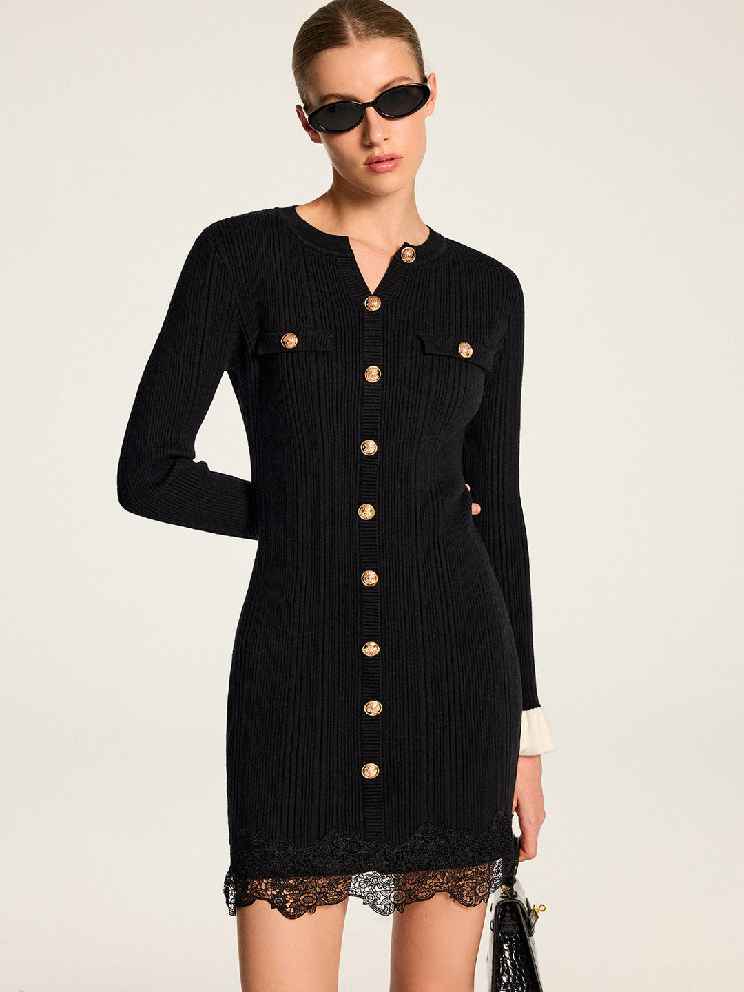 Contrast Cuff Lace Hem Rib Knit Mini Dress