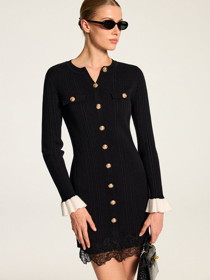 Contrast Cuff Lace Hem Rib Knit Mini Dress