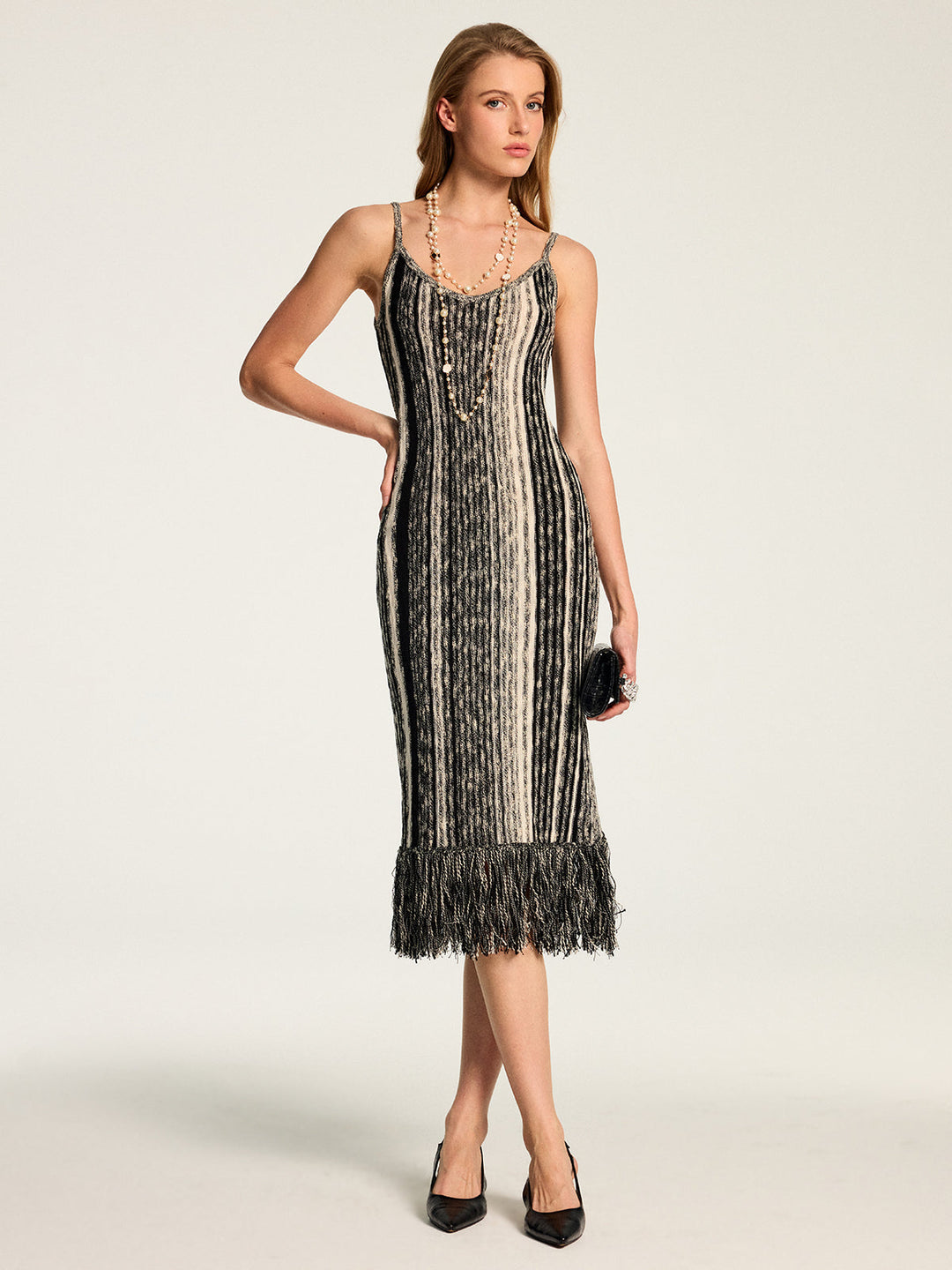 Striped Fringe Hem Cami Midi Dress