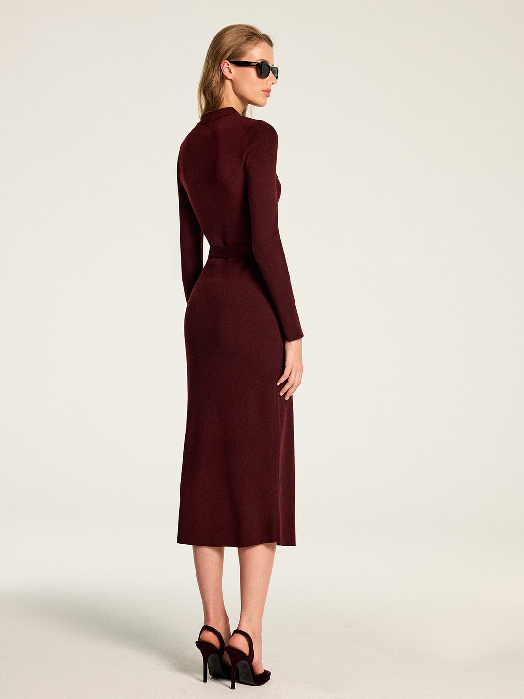 Polo Collar Belted Wool Blend Maxi Dress