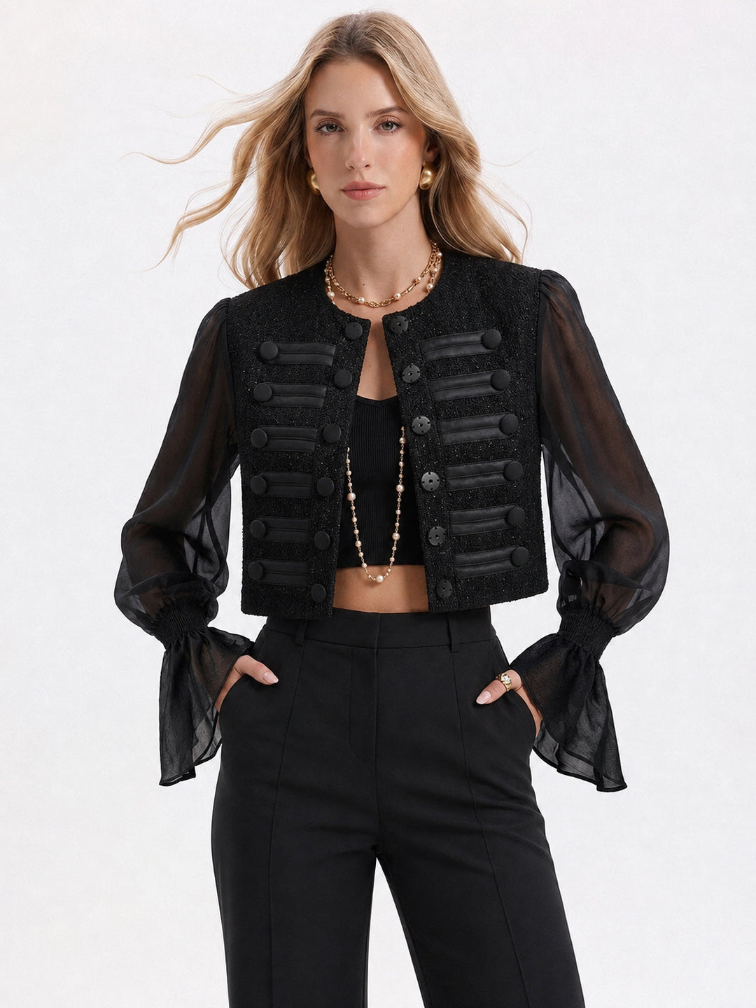 Sheer Sleeve Napoleon Wool Blend Cropped Jacket - women's jacket, front view