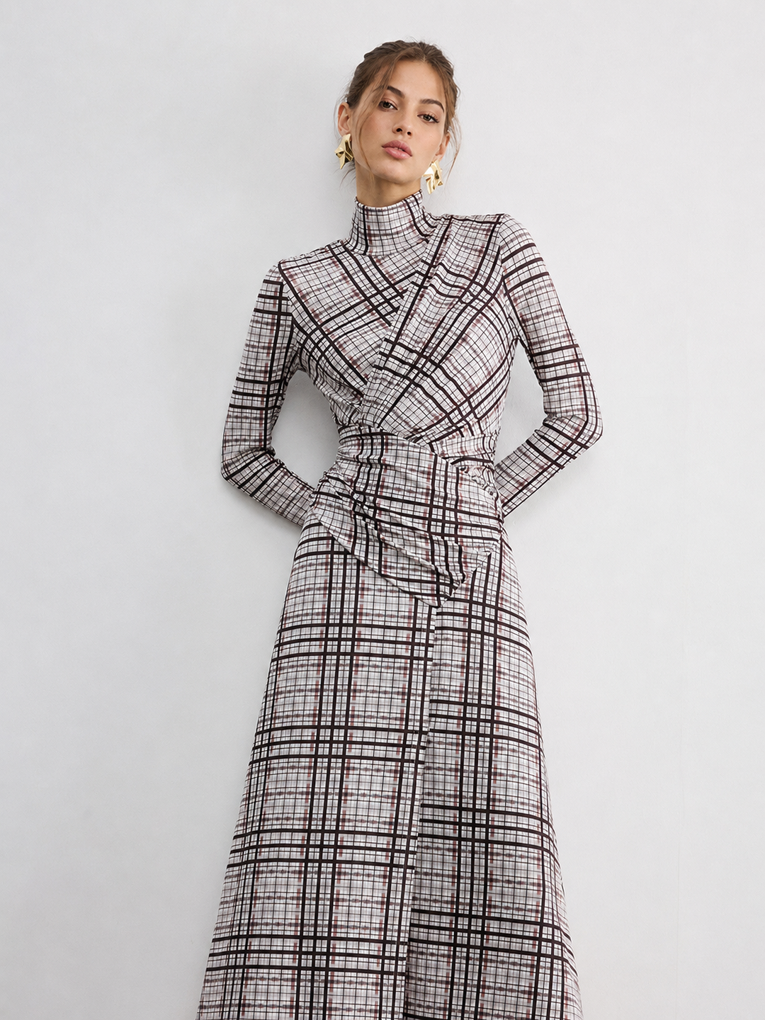 Checked Long-Sleeve Mock Neck Maxi Dress — women's dresses, front view