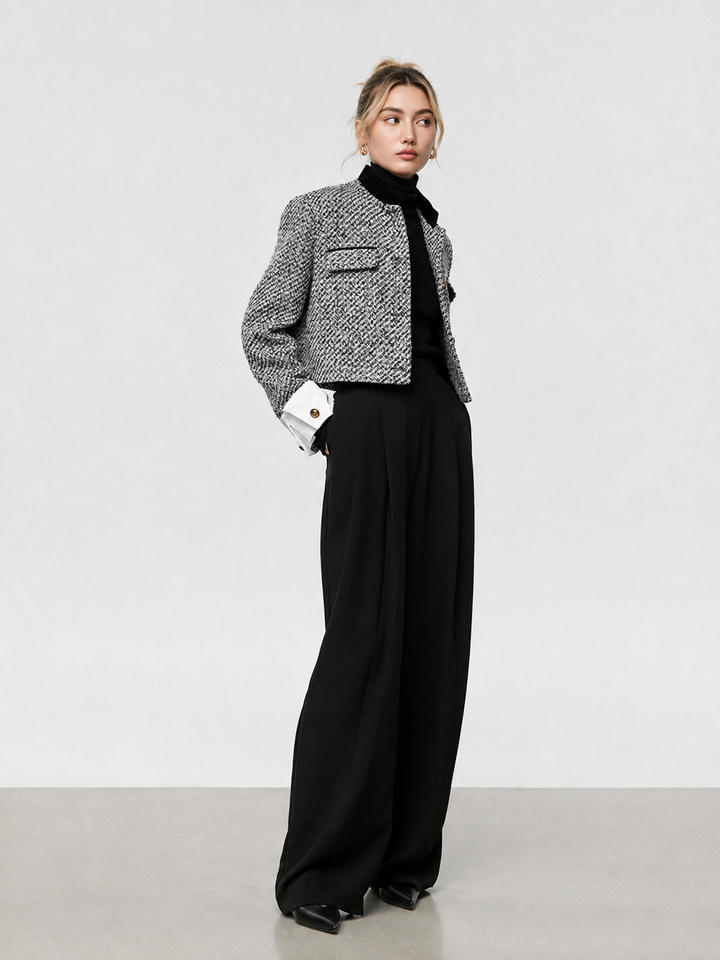 Full-length look: tweed crop blazer with black wide-leg pleated trousers