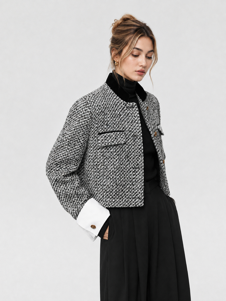 Tweed boucle blazer with black velvet collar and white contrast cuffs