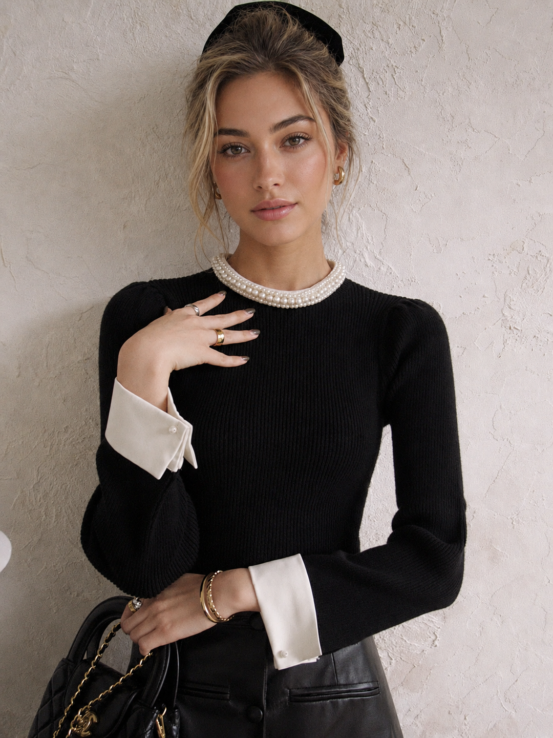Contrast Trim Pearl-Detail Sweater — women's sweaters, front view