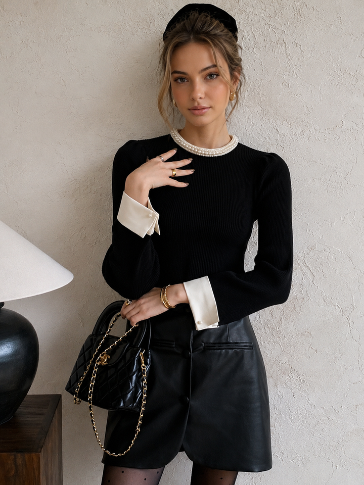 Contrast Trim Pearl-Detail Sweater
