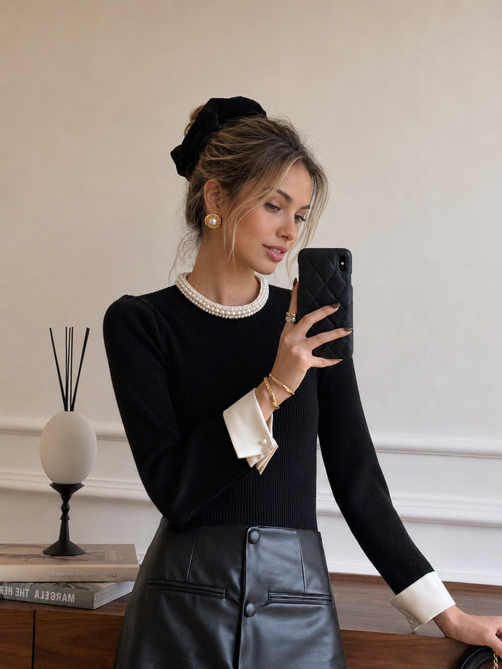 Contrast Trim Pearl-Detail Sweater - women's sweater, detail close-up