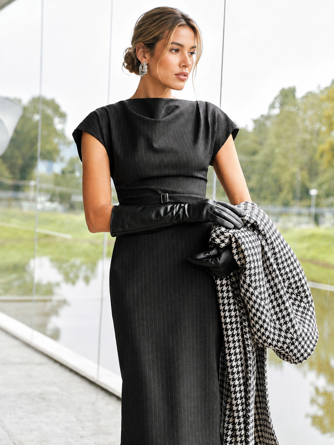 Pinstripe Cap-Sleeve Belted Maxi Dress — women's dresses, front view