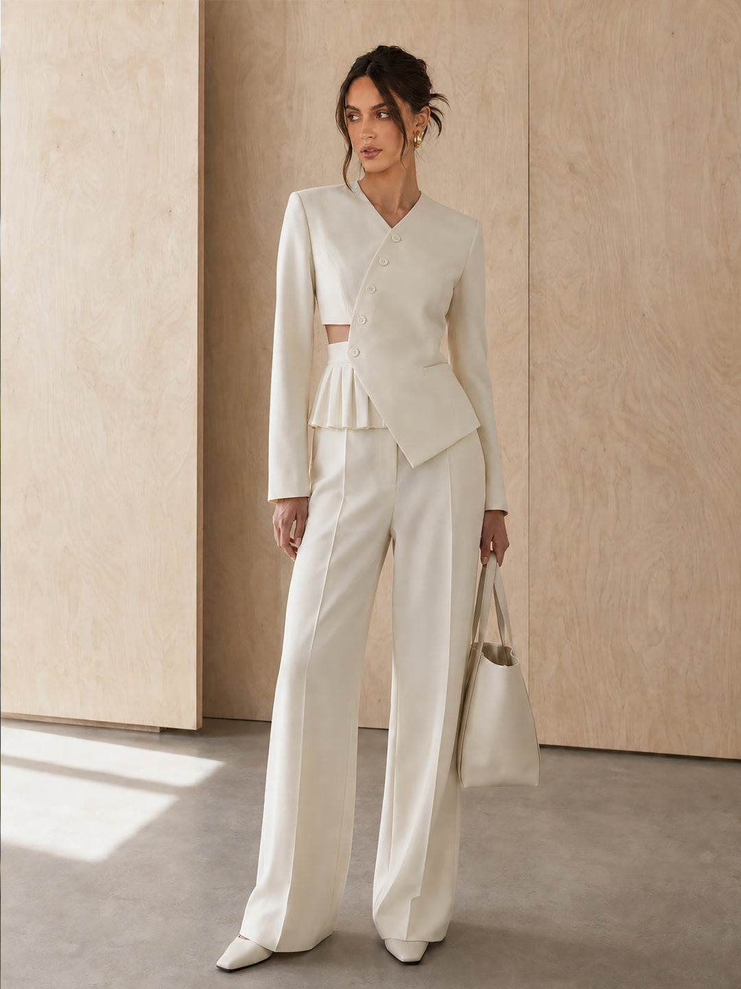 Asymmetric Cut‑Out Peplum Blazer & Pants Set - women's two-piece trouser set in linen blend, front view of the full set