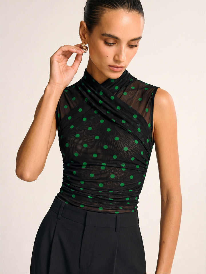 Polka Dot Ruched Sleeveless Mesh Top