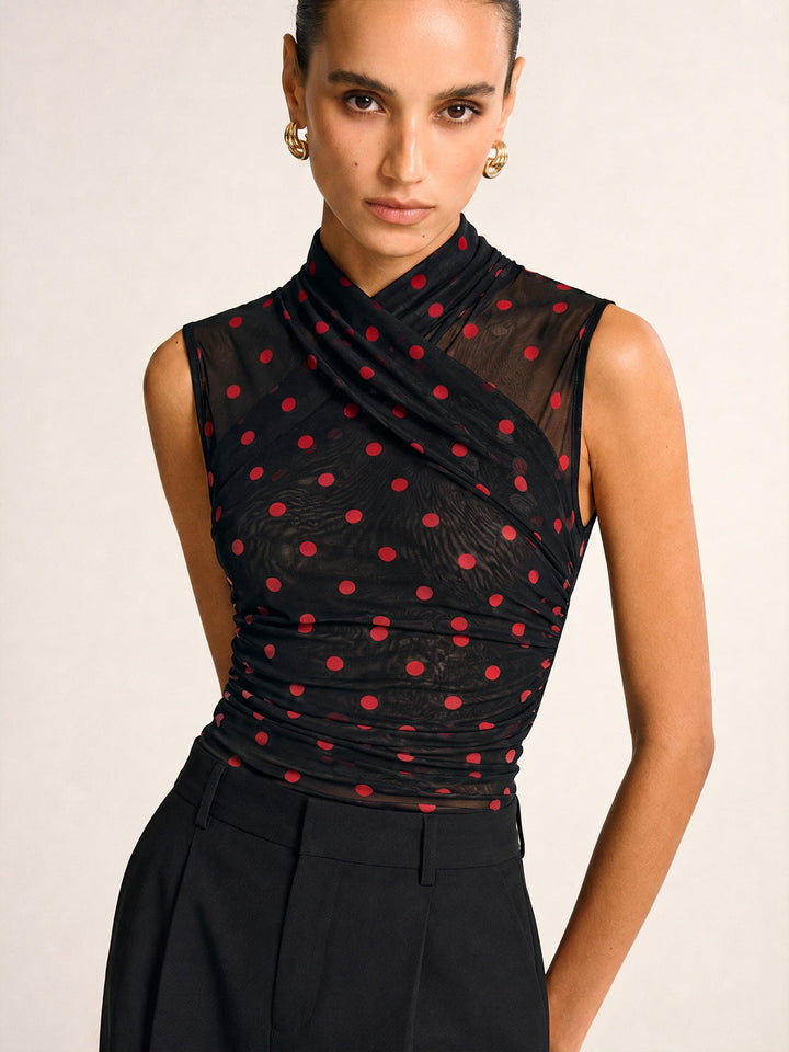 Polka Dot Ruched Sleeveless Mesh Top