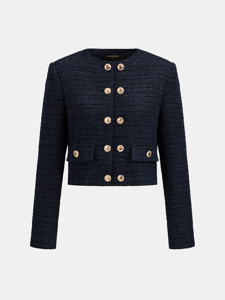 Navy tweed double breasted jacket with gold buttons, collarless front and flap pockets