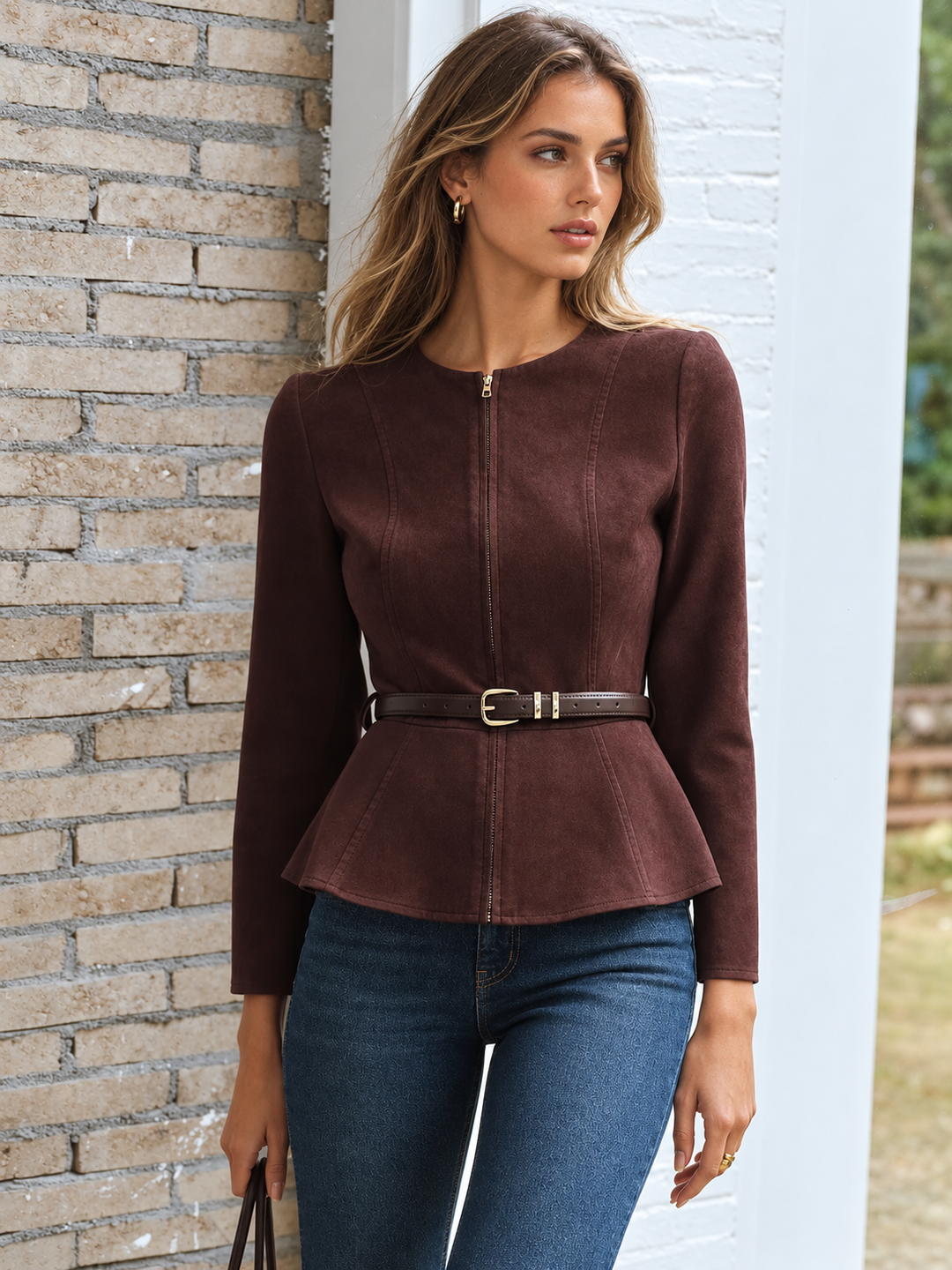Belted Suede Effect Zipper Jacket — women's jackets, front view