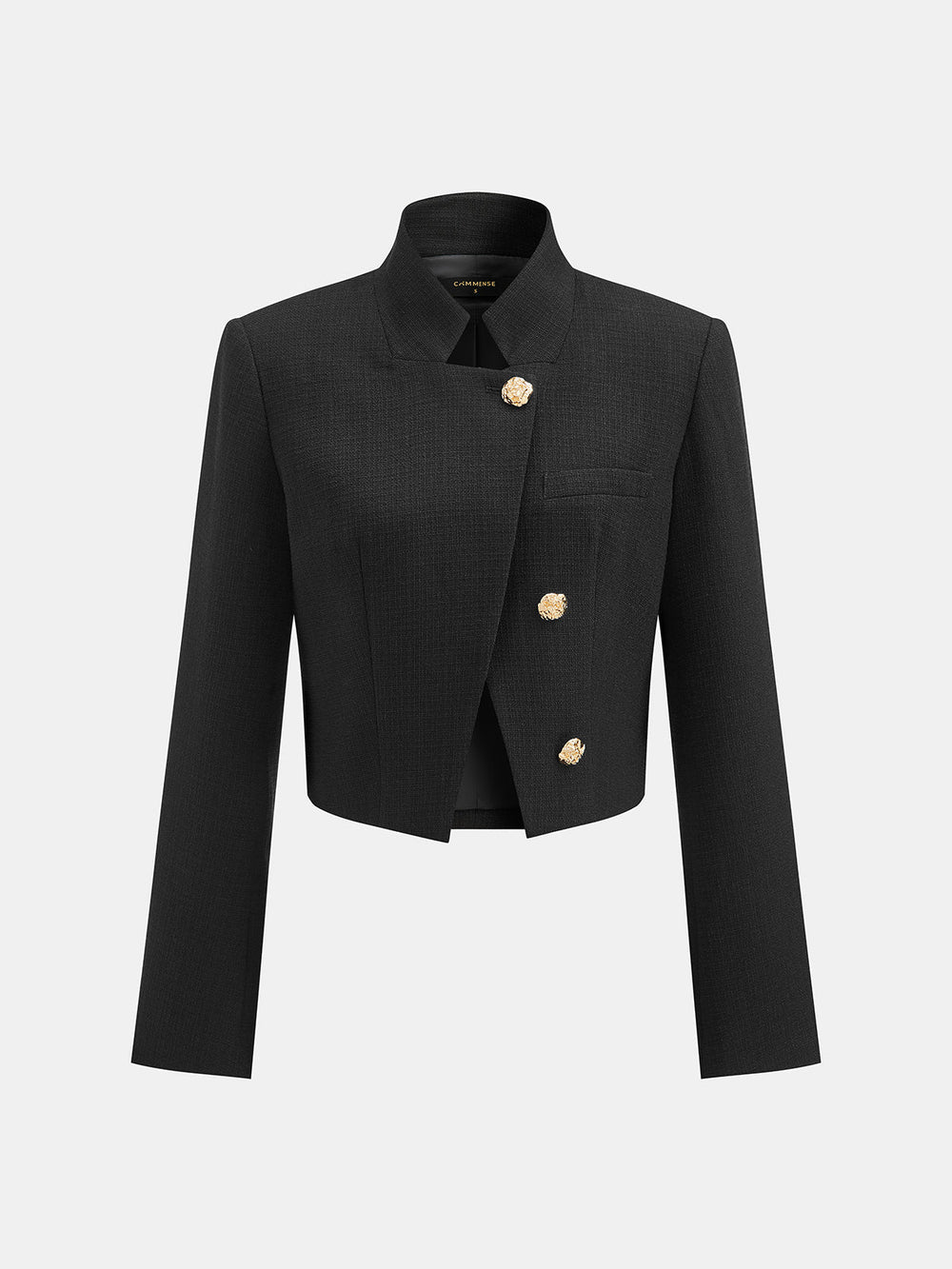 Stand Collar Asymmetric Front Cropped Blazer — women's blazers, back view