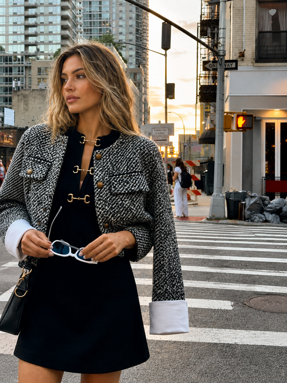 Street style: tweed boucle cropped blazer with navy mini dress in the city