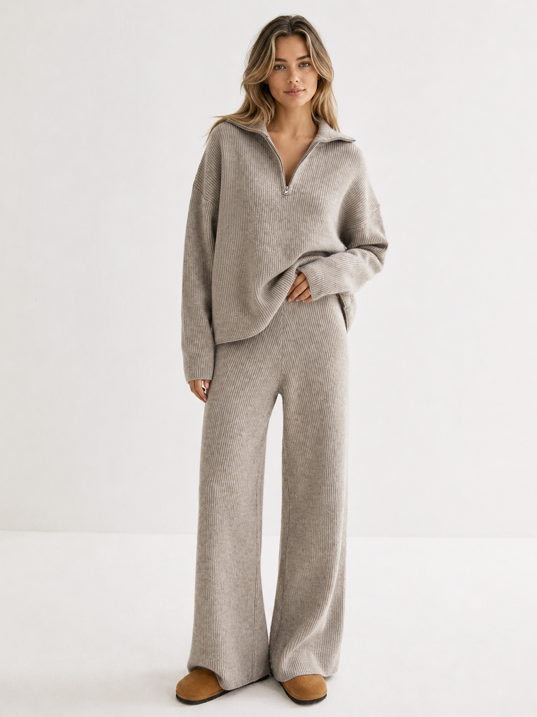 Wool-Blend Zipper Sweater Co-ords - women's knit two-piece set, front view