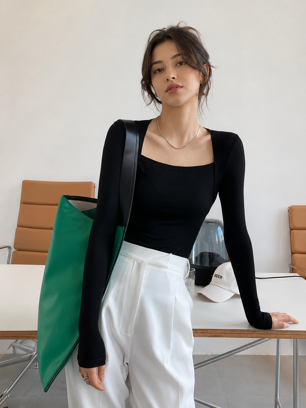 Square Neck Solid Long Sleeve Shirt — women's t-shirts, back view