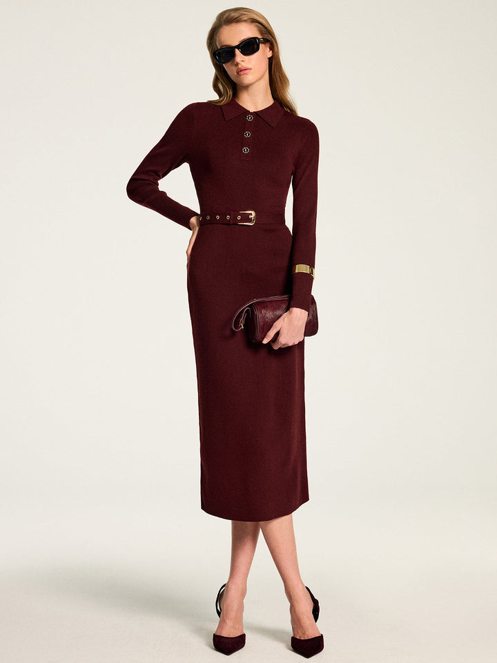 Polo Collar Belted Wool Blend Maxi Dress